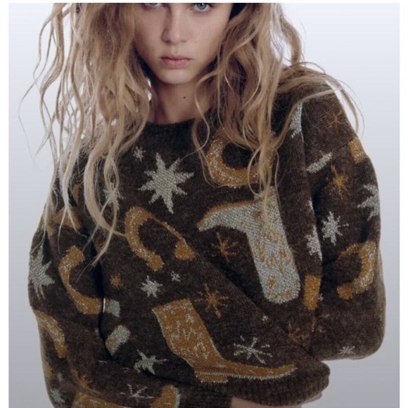 ZARA Western Cowboy Boot Nashville Horseshoe Sweater Brown Metallic Jacquard S - Picture 1 of 11